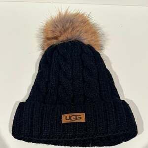Black Cable Knit Beanie with Fleece Lining and Pom